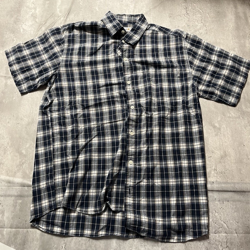 Carhartt Shirt Mens Size L Blue Gray Plaid Relaxed Fit Short Sleeve Button Down